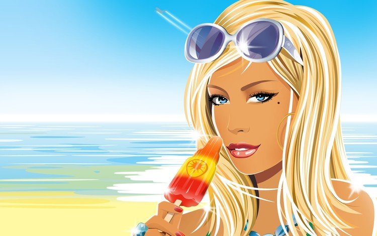 вектор, море, блондинка, лето, очки, мороженное, vector, sea, blonde, summer, glasses, ice cream