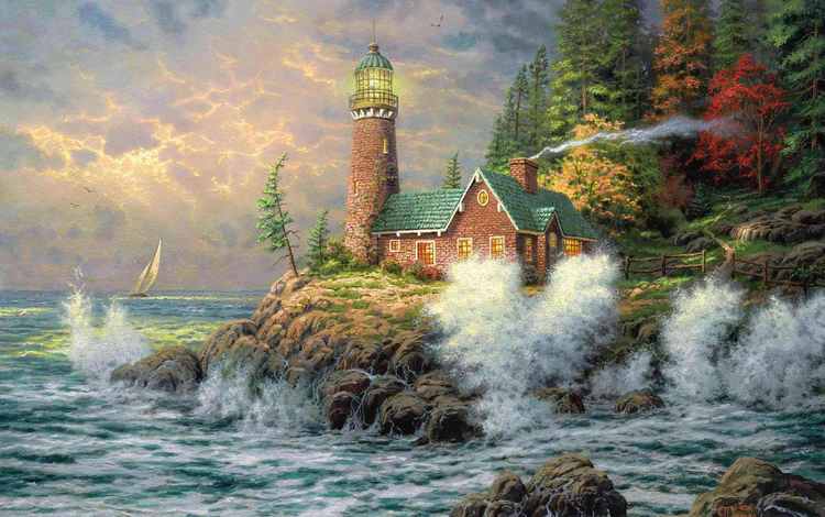 картина, море, маяк, живопись, томас кинкейд, picture, sea, lighthouse, painting, thomas kinkade