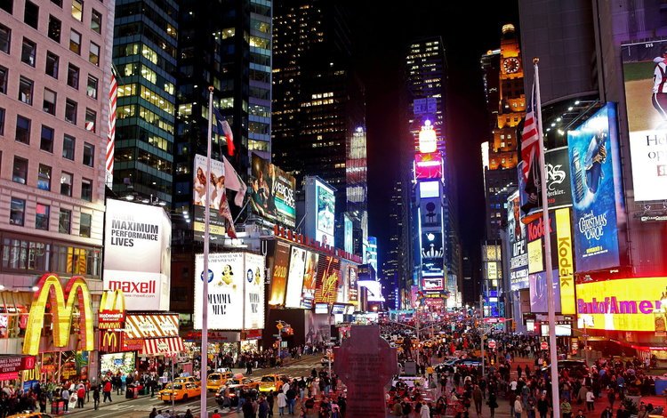 ночь, город, небоскребы, движение, улица, нью-йорк, times square at night, таймс-сквер, night, the city, skyscrapers, movement, street, new york, times square