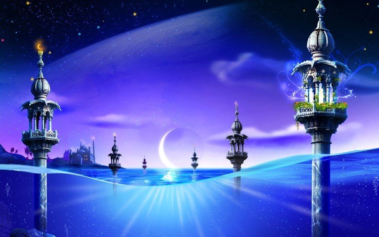 вода, синий, луна, фантазия, башни, water, blue, the moon, fantasy, tower
