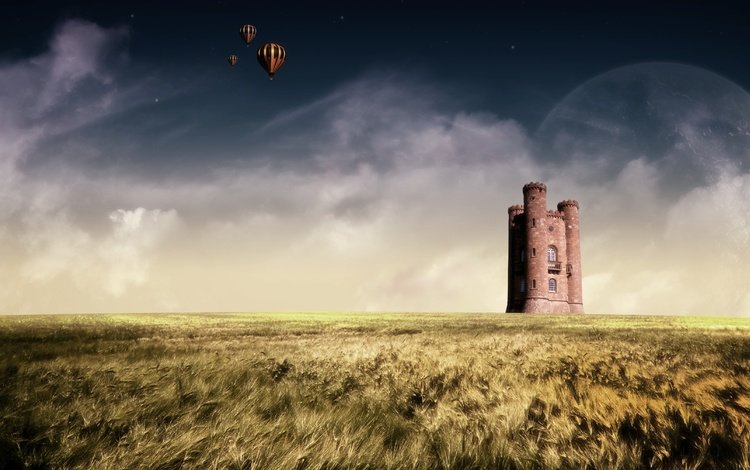 поле, планета, горизонт, замок, воздушный шар, field, planet, horizon, castle, balloon