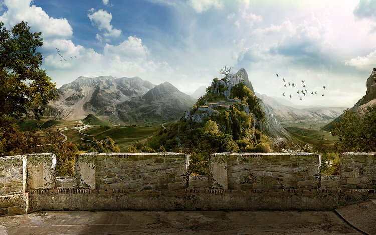 небо, горы, деревня, стена, руины, птицы, балкон, the sky, mountains, village, wall, ruins, birds, balcony