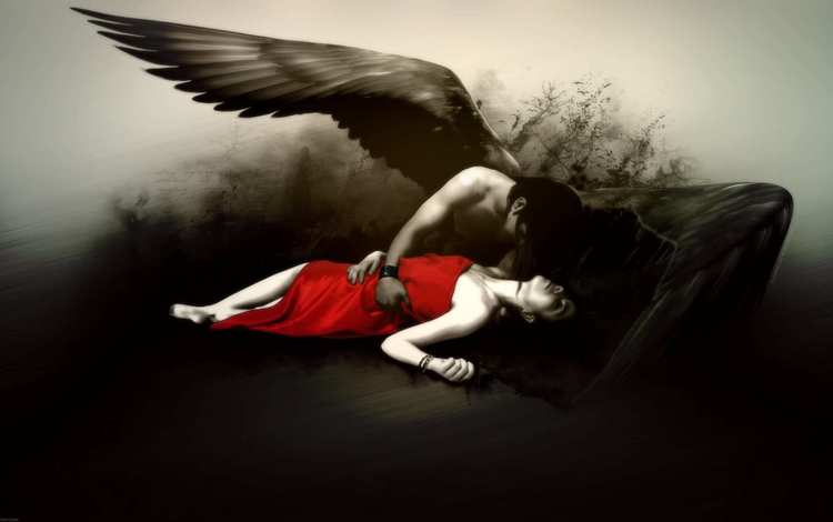девушка, черно-белая, ангел, красное платье, girl, black and white, angel, red dress