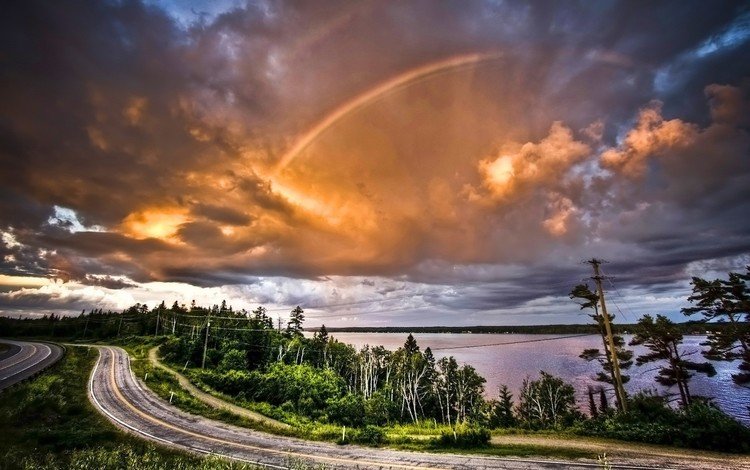 дорога, облака, деревья, радуга, road, clouds, trees, rainbow
