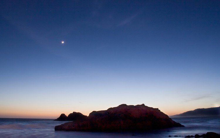 закат, море, скала, луна, sunset, sea, rock, the moon