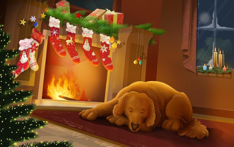 ночь, новый год, собака, камин, тепло, рождество, night, new year, dog, fireplace, heat, christmas