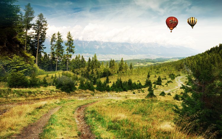дорога, горы, лес, воздушные шары, road, mountains, forest, balloons