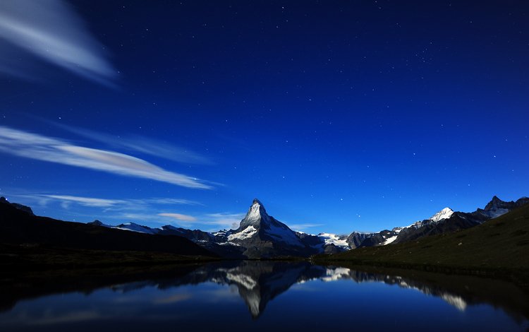 ночь, горы, швейцария, matterhorn's midnight reflection, night, mountains, switzerland, matterhorn''s midnight reflection
