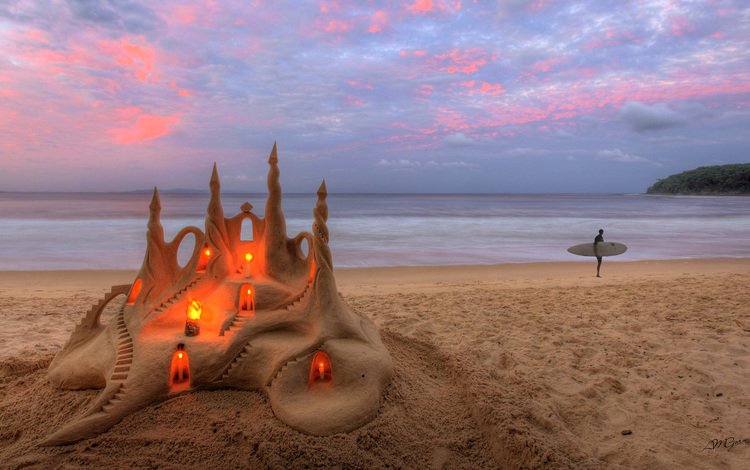 закат, песок, замок, плаж, сёрфер, sunset, sand, castle, plage, surfer