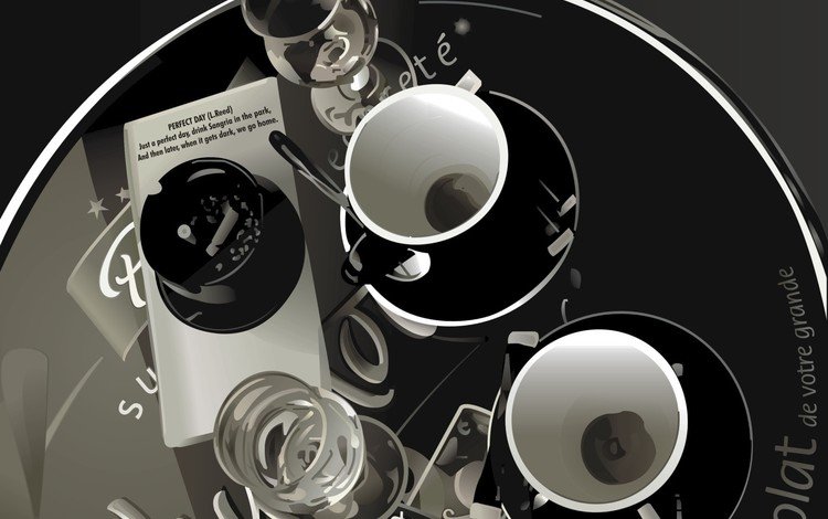 вектор, чёрно-белое, стол, пепельница, бокалы, чашки, vector, black and white, table, ashtray, glasses, cup