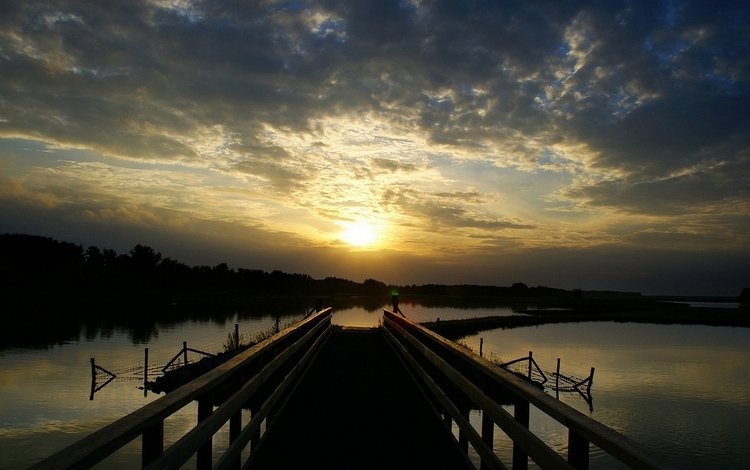 река, природа, закат, пейзаж, деревянный мост, river, nature, sunset, landscape, wooden bridge