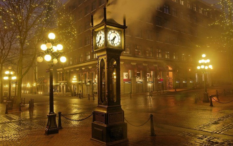 ночь, туман, город, часы, фонарь, ванкувер, британская колумбия, фонари(, night, fog, the city, watch, lantern, vancouver, british columbia, lights(