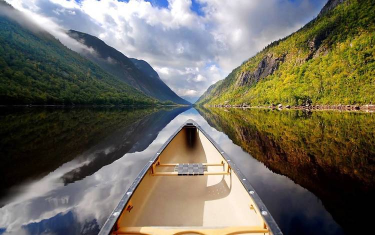 небо, облака, озеро, горы, отражение, лодка, каноэ, the sky, clouds, lake, mountains, reflection, boat, canoeing