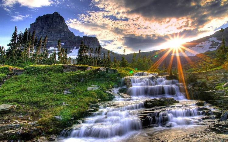 вода, солнце, природа, гора, водопад, water, the sun, nature, mountain, waterfall