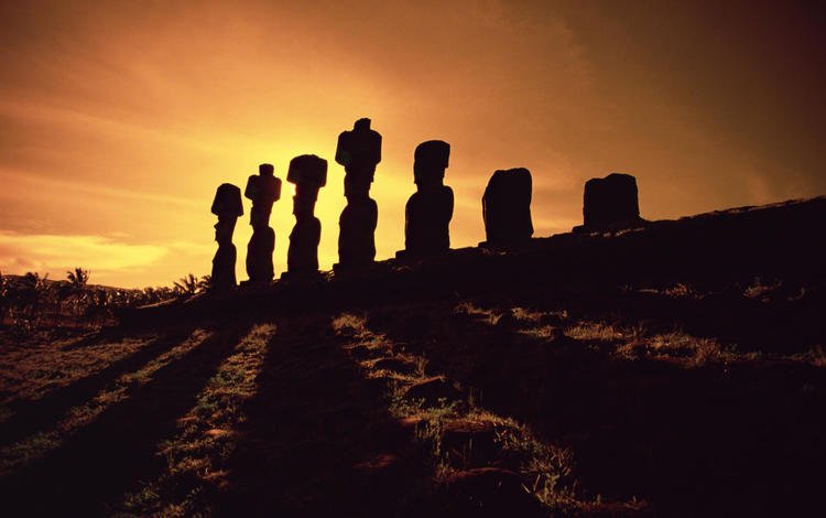 камни, моаи, монументальный, закат, остров пасхи, силуэт, чили, истуканы, древний, статуи моаи, stones, sunset, easter island, silhouette, chile, idols, ancient, the moai statues