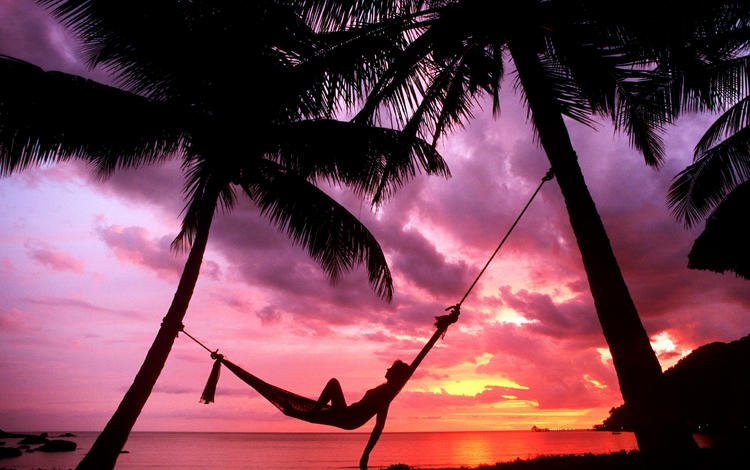 вечер, закат, девушка, пляж, пальмы, гамак, тропики, the evening, sunset, girl, beach, palm trees, hammock, tropics