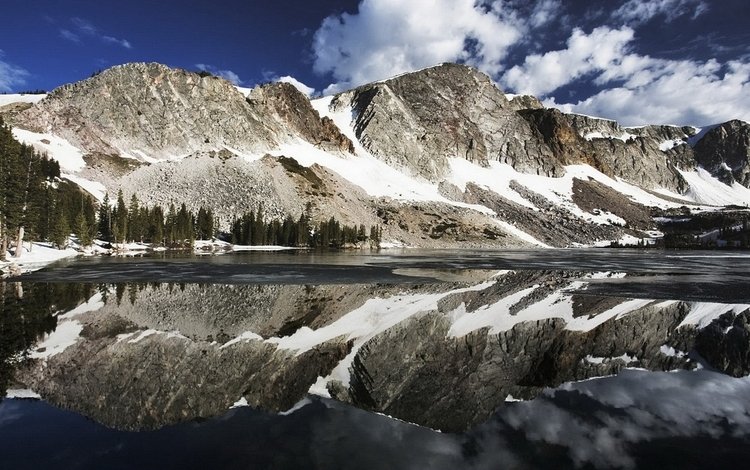 озеро, горы, снег, отражение, поверхность, lake, mountains, snow, reflection, surface