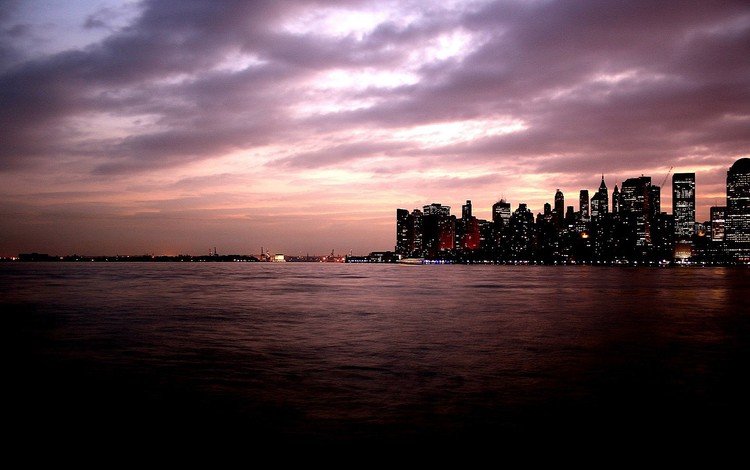 ночь, море, закат солнца, город, манхэттен, городской пейзаж, night, sea, sunset, the city, manhattan, the urban landscape