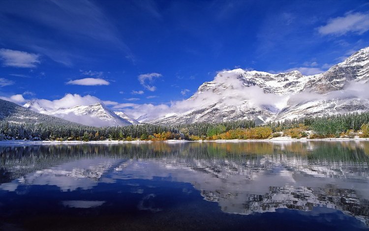 небо, альберта, облака, озеро, горы, лес, отражение, канада, снежные вершины, the sky, albert, clouds, lake, mountains, forest, reflection, canada, snowy peaks