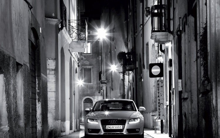 ночь, фонари, черно-белая, улица, ауди, night, lights, black and white, street, audi