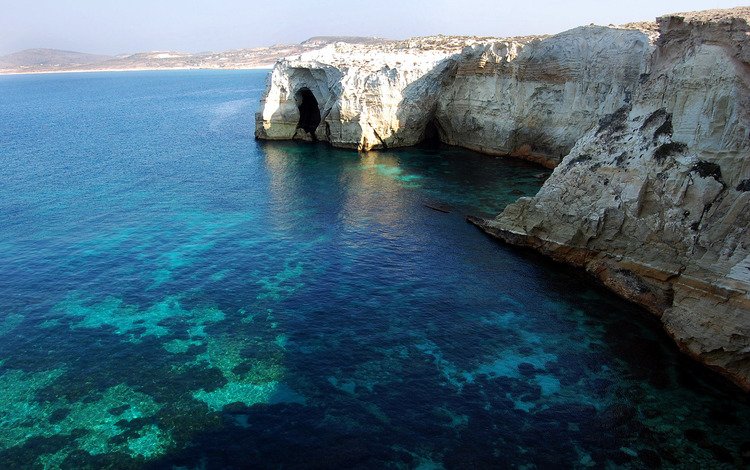 скалы, берег, море, залив, греция, грот, остров милос, rocks, shore, sea, bay, greece, the grotto