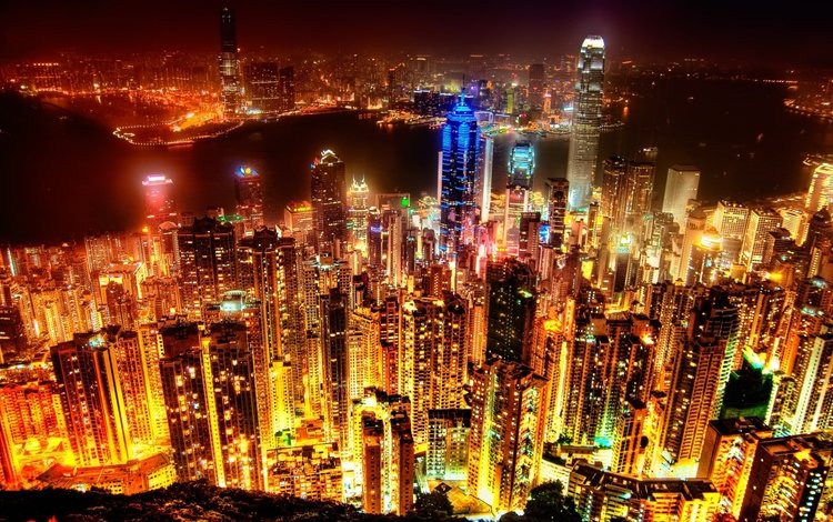 ночь, огни, город, небоскребы, китай, здания, гонконг, night, lights, the city, skyscrapers, china, building, hong kong