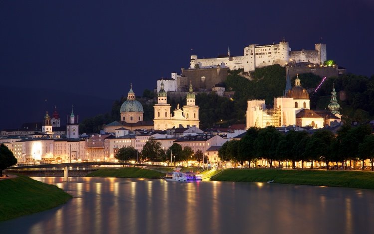 река, мост, город, австрия, пристань, зальцбург, river, bridge, the city, austria, marina, salzburg