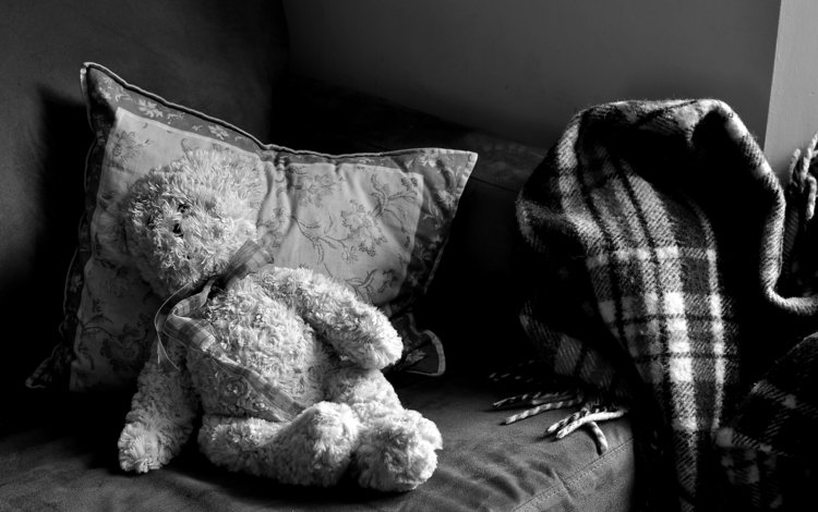 мишка, одиночество, плюшевый, диван, чернобелый, тоска, подушка.одеяло, bear, loneliness, plush, sofa, black and white, longing, pillow.blanket