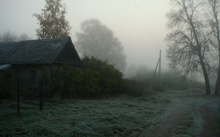 туман, деревня, дом, fog, village, house