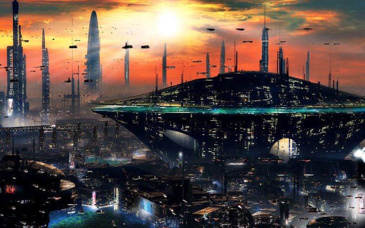 закат, город, небоскребы, будущее, sci-fi, sunset, the city, skyscrapers, future