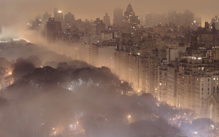 ночь, центральный парк, огни, нью - йорк, туман, города, пейзажи, город, нью-йорк, здания, night, central park, lights, fog, city, landscapes, the city, new york, building