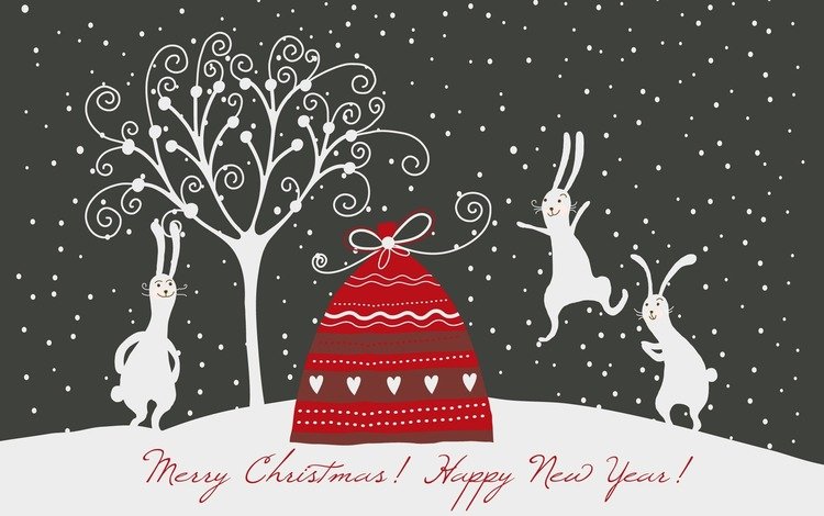 новый год, кролики, рождество, зайцы, мешок с подарками, new year, rabbits, christmas, a bag with gifts