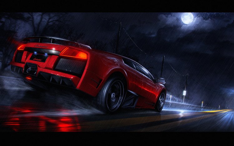 красная, дождь, ламборгини, murcielago, red, rain, lamborghini