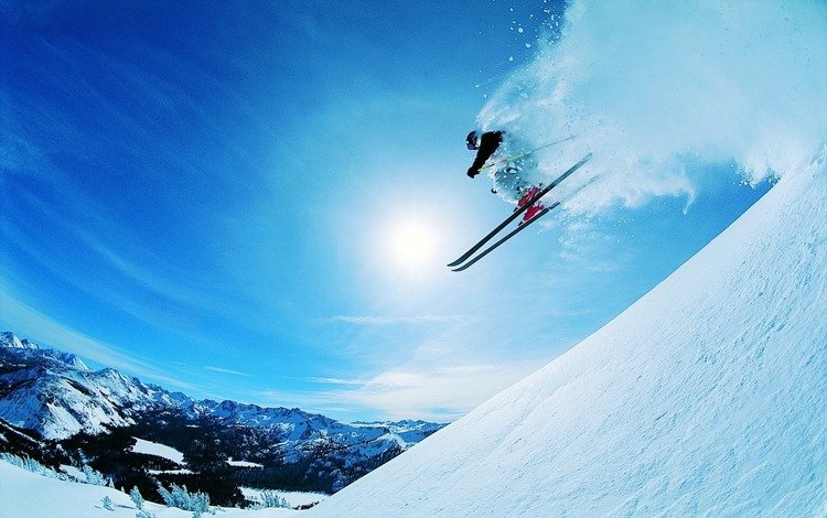 горы, солнце, снег, спуск, склон, скорость, лыжник, экстрим, mountains, the sun, snow, the descent, slope, speed, skier, extreme