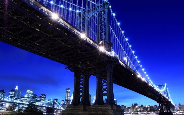 ночь, огни, мост, нью-йорк, бруклинский мост, night, lights, bridge, new york, brooklyn bridge