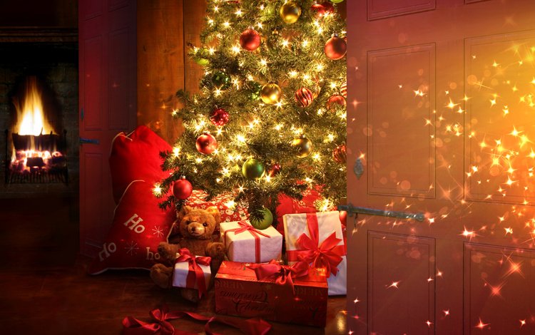 новый год, елка, зима, камин, огоньки, гирлянда, new year, tree, winter, fireplace, lights, garland