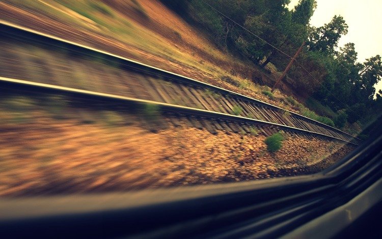 дорога, рельсы, шпалы, лес, скорость, поезд, окно, road, rails, sleepers, forest, speed, train, window
