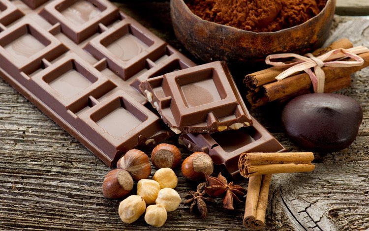 орехи, корица, шоколад, деревянная поверхность, nuts, cinnamon, chocolate, wooden surface