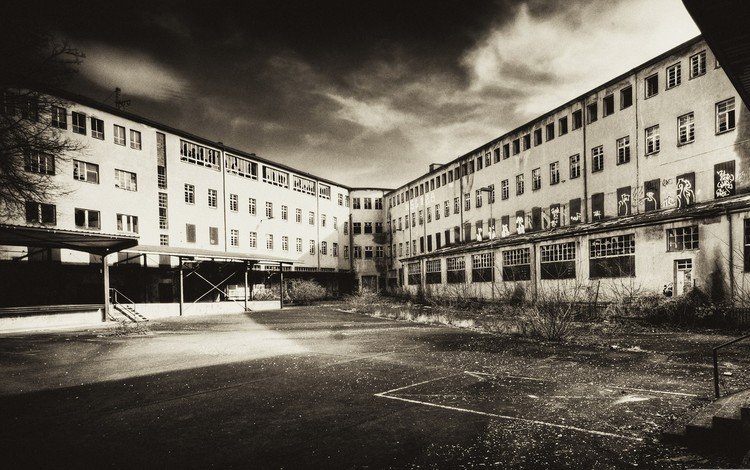 чёрно-белое, здание, заброшенное, black and white, the building, abandoned