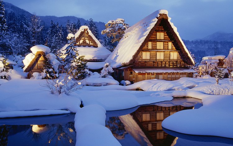 горы, снег, зима, япония, дома, mountains, snow, winter, japan, home
