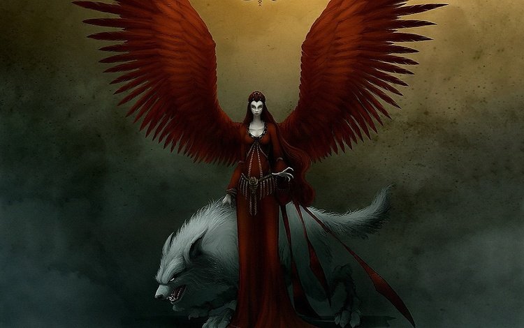 девушка, крылья, ангел, волк, оборотень, существо, girl, wings, angel, wolf, werewolf, being