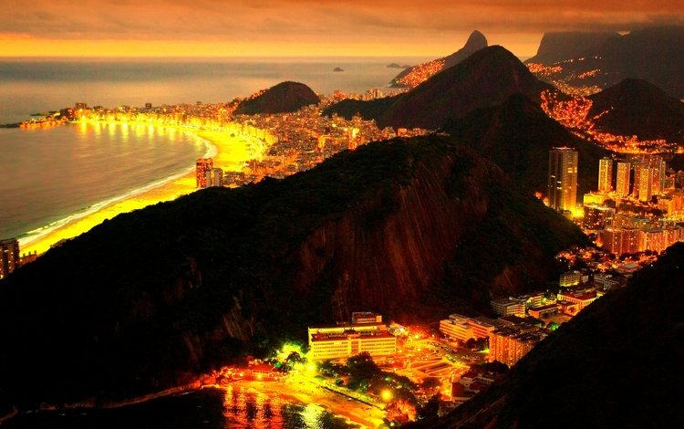 огни, ночной город, океан, бразилия, рио-де-жанейро, lights, night city, the ocean, brazil, rio de janeiro