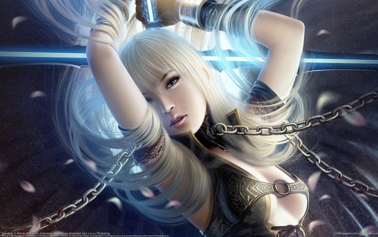 девушка, блондинка, меч, взгляд, грудь, волосы, цепь, цепи, girl, blonde, sword, look, chest, hair, chain