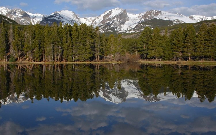 озеро, горы, сосны, lake, mountains, pine