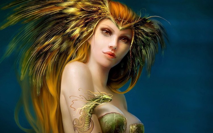 дракон, фэнтези, девушки, тату, волосы, перья, benita winckler - io, dragon, fantasy, girls, tattoo, hair, feathers