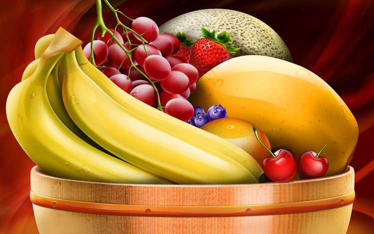 виноград, фрукты, клубника, ягоды, черника, бананы, дыня, grapes, fruit, strawberry, berries, blueberries, bananas, melon