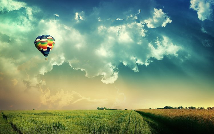 небо, облака, поля, воздушный шар, the sky, clouds, field, balloon