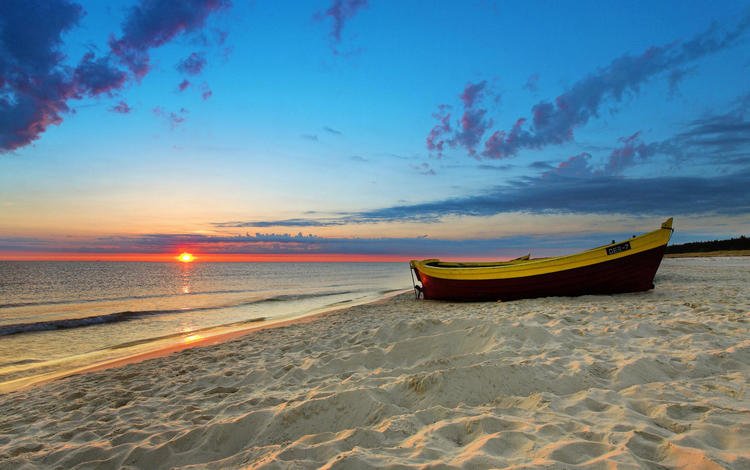 облака, закат, море, песок, пляж, лодка, clouds, sunset, sea, sand, beach, boat