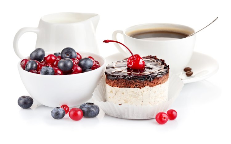 кофе, ягоды, чашка, тарелка, сливки, ложка, пирожное, coffee, berries, cup, plate, cream, spoon, cake