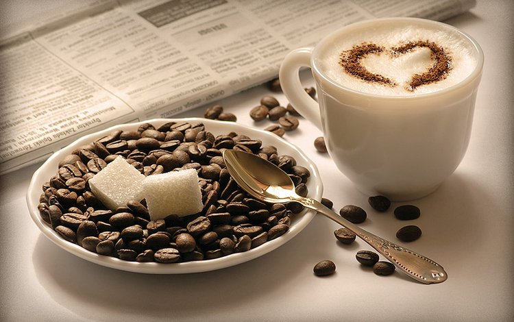 зерна, кофе, блюдце, чашка, сахар, капучино, каппучино, grain, coffee, saucer, cup, sugar, cappuccino